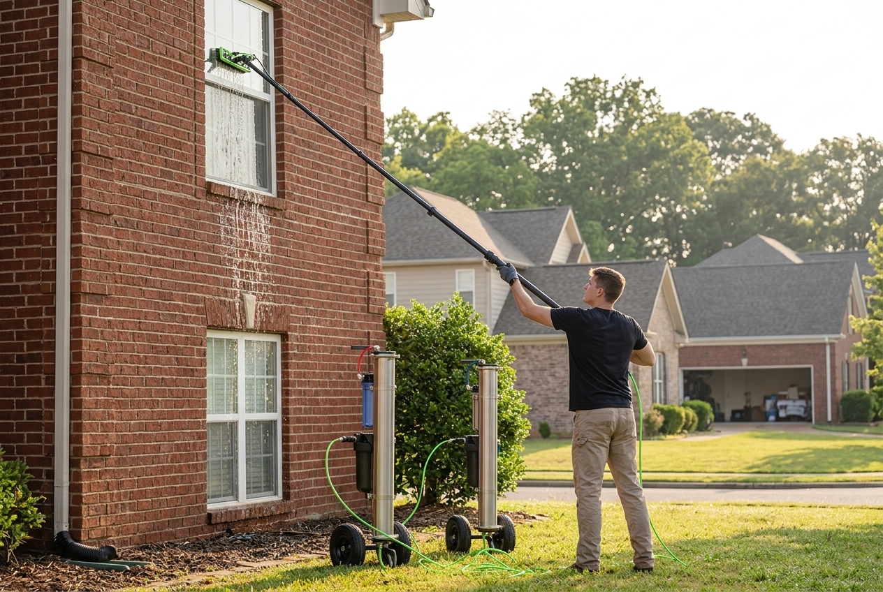 Trained technician using a water-fed pole system on a brick home in Madison County
