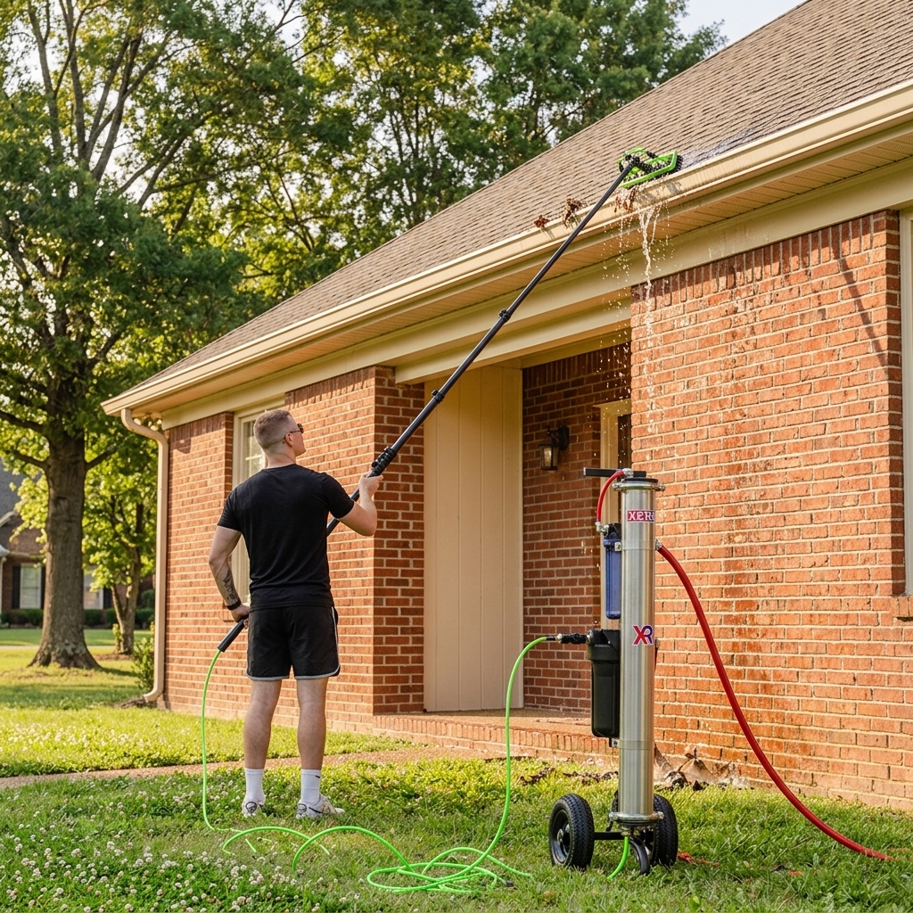 Trained technician cleaning exterior residential gutters