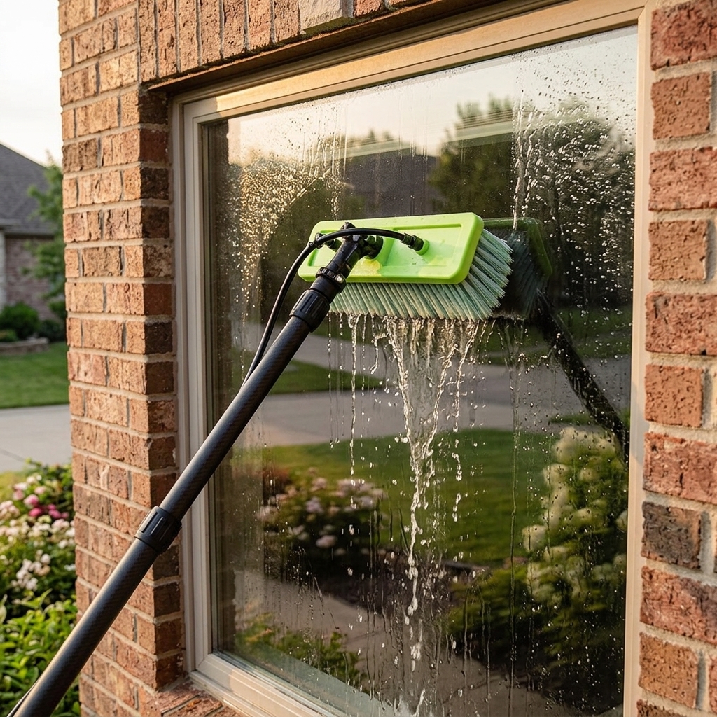 Water-fed brush cleaning exterior residential window glass, frames, and sills